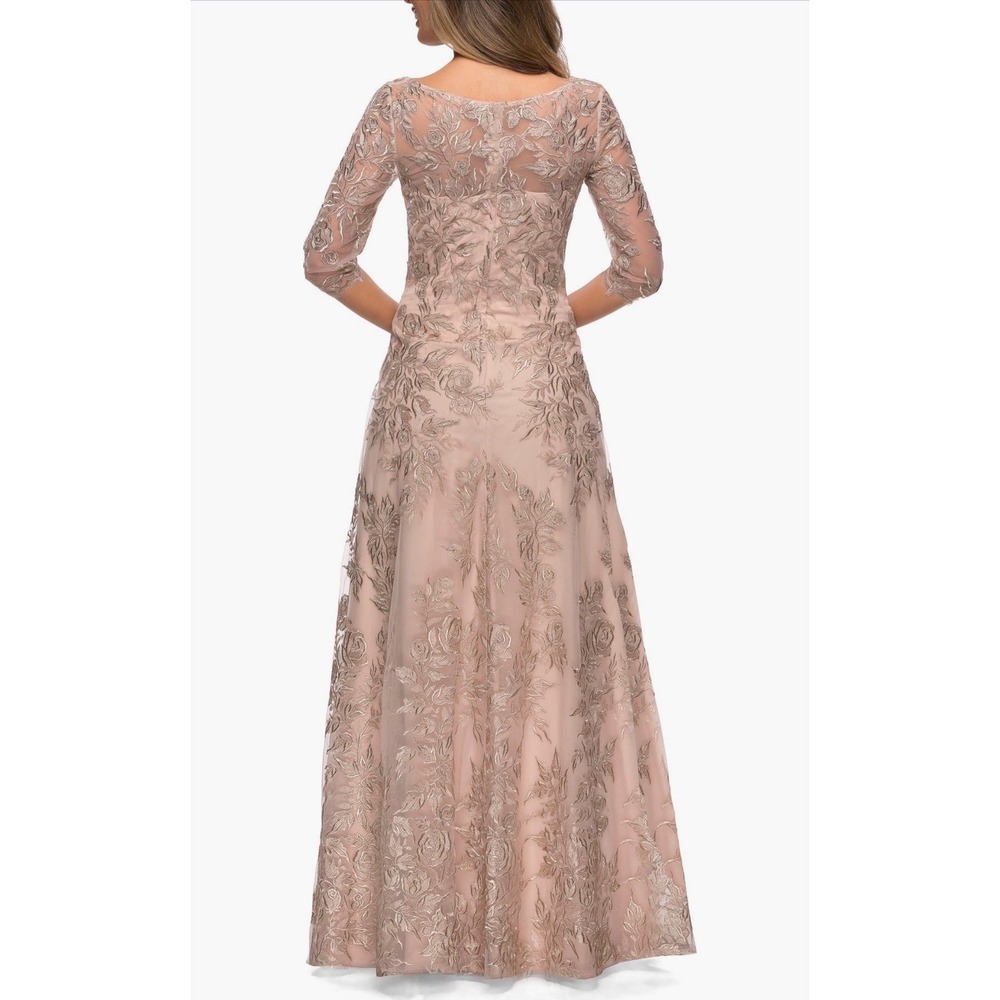 New! La Femme 28053 Floral Embroidered Mesh A-Line Gown Champagne Sz 16 - Picture 2 of 6